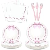 96Pcs Pink Bow Party Plates Supplies - Coquette Cute Party Tableware Decorations, Disposable Paper Plates Napkins Forks for Girl Bachelorette Bridal Shower Engagement Birthday, Serves 24 Guests