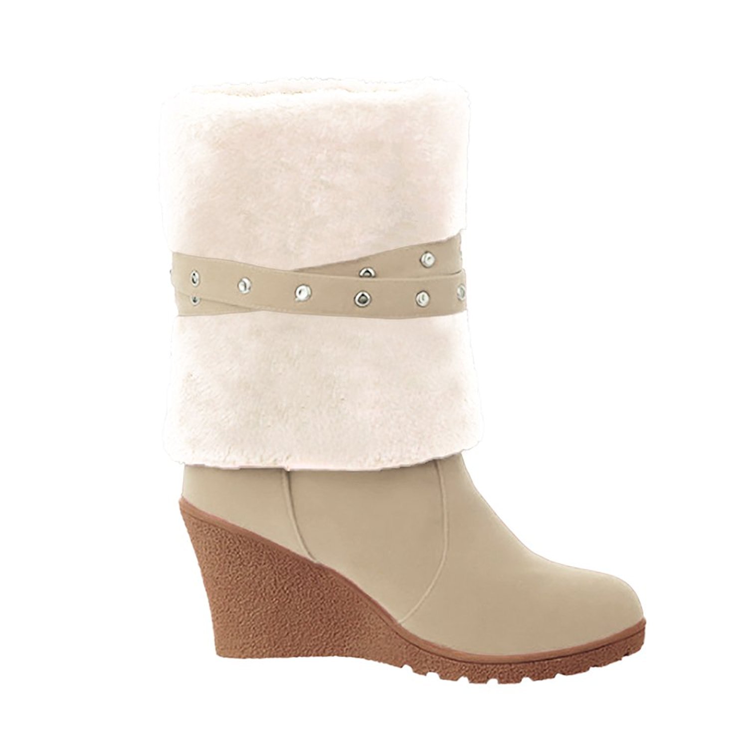 Ifantasy Winter Warm Snow Boots for Women Suede High Heel Wedges Buckle Mid Calf Boots