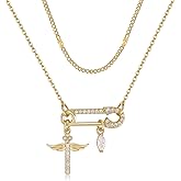 TANTIUE Paperclip Necklace for Women 14K Gold Plated Paperclip Pendant Necklaces Cubic Zirconia Sunflower/Cross/Sun/Moon/Water Drops Pendant with Layered Chain Jewelry Gifts for Her