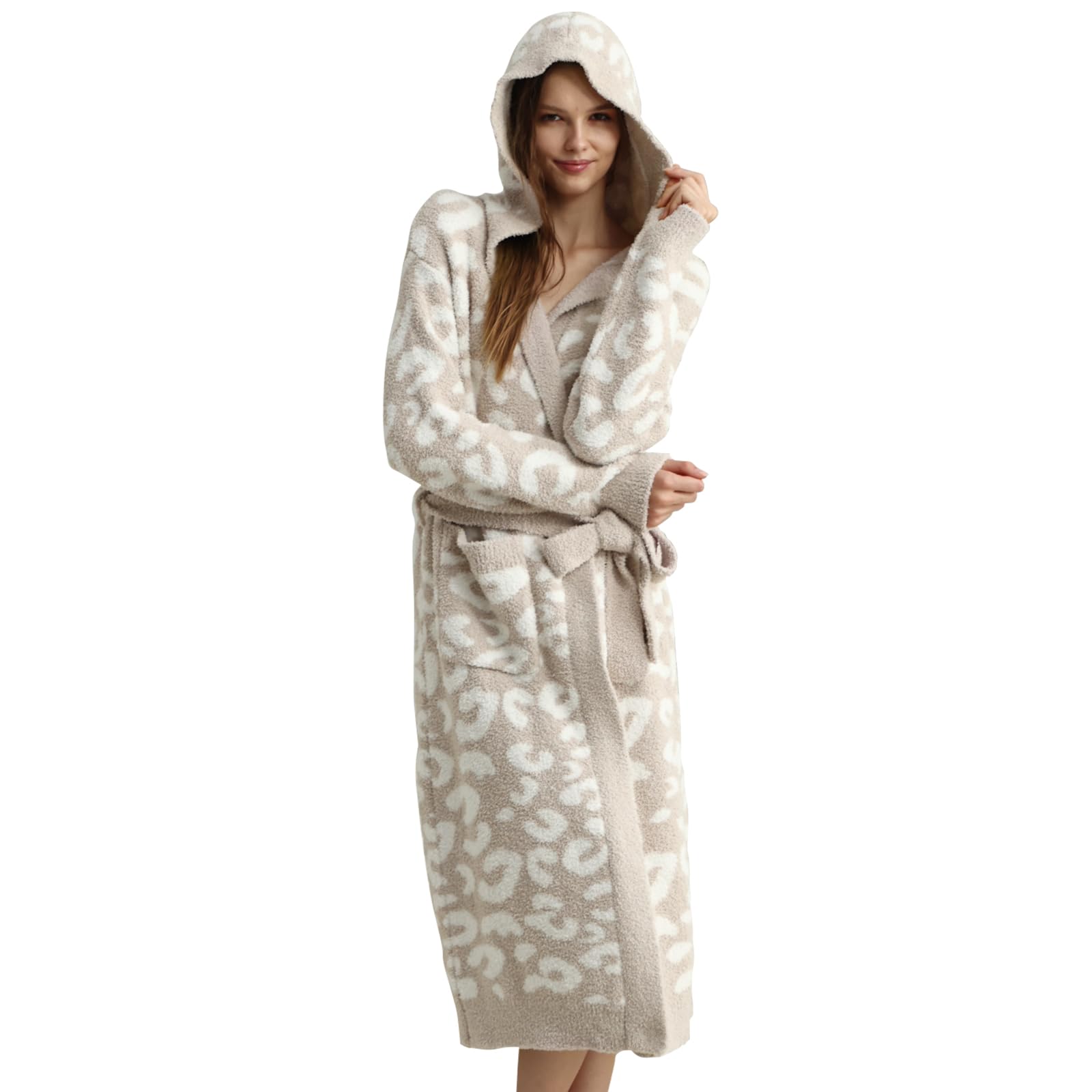 Photo 1 of MH MYLUNE HOME Ultra Soft Robe With Pockets, Spa Bathrobe Loungewear Calf-Length, Plush Fuzzy Fluffy Wrap Robe for Women, Women's Robes, Hooded Leopard Khaki