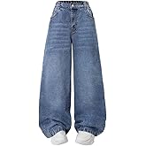 Nivne Tco Tween Girls Wide Leg Jeans Washed High Waist Cat's Whiskers Denim Pants with Zipper Fly, Casual Jeans for Girls