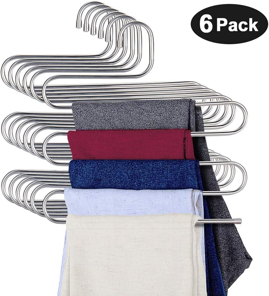 S Type Clothes Hanger Stainless Steel Space Saving Hangers 5 Layers Closet Storage Organizer for Jeans Trousers Tie Belt Scarf (6-Pieces)