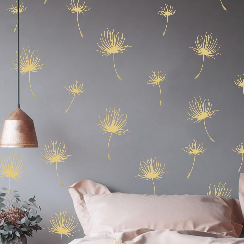 Runtoo Dandelion Wall Art Decal Boho Floral Leaves Metallic Gold Flower Wall Stickers for Nursery Kids Bedroom Wall Decor 56 Pcs