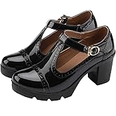 DADAWEN Women's Classic T-Strap Platform Mid-Heel Square Toe Oxfords Dress Shoes