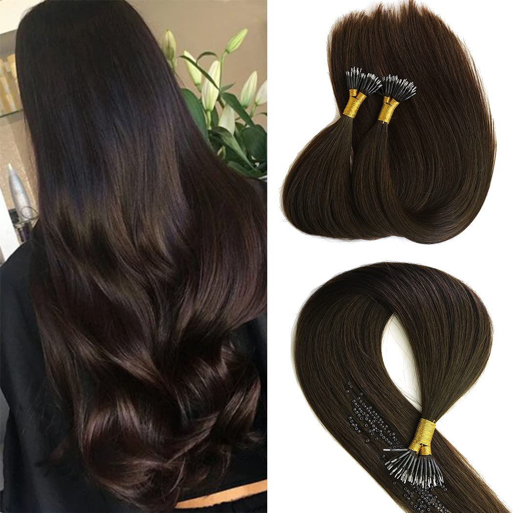 KOCONI 18 Inch Dark Brown Nano Rings Hair Extensions Real Human Hair Extensions #2 Double Drawn Nano Ring Hair Extension Nano Tip Beads Human Hair Extensions 50g 1g/Strand — image 1