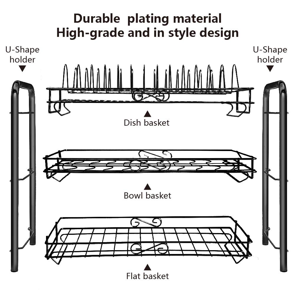 Dish Drying Rack 3-Tier Chrome Plating Dish Rack Stainless Steel Kitchen Dish Drainer Rack Organizer Tool-Free Installation With Utensil Holder/Drain Board/Bracket 3 Layers (Black, 3 tier)