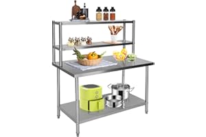 biosp Stainless Steel Table with Overshelves, Metal Kitchen Prep Table, Adjustable Lower Shelf, 48'' x 24'' Commercial Workbench with 48'' x 12'' Shelf for Home Kitchen Restaurant Garage Warehouse