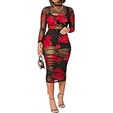 Women 3 Piece Outfits Set Sexy Mesh Sheer Ruched Dress Floral Print Long Sleeve Strap Top Skirt Club Party Midi Dress