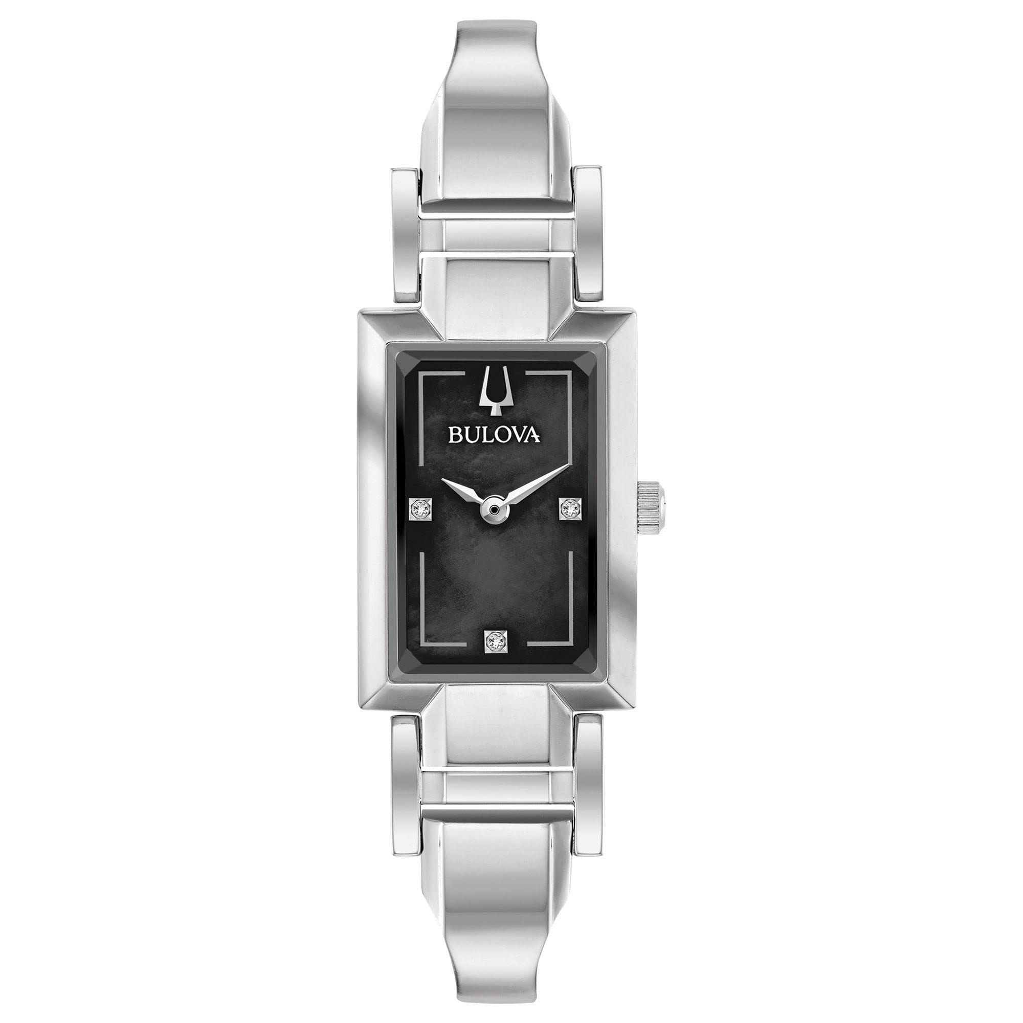 Bulova Reloj clásico de acero inoxidable y cuarzo con esfera de diamantes para mujer, rectangular, nácar, esfera plateada/negra