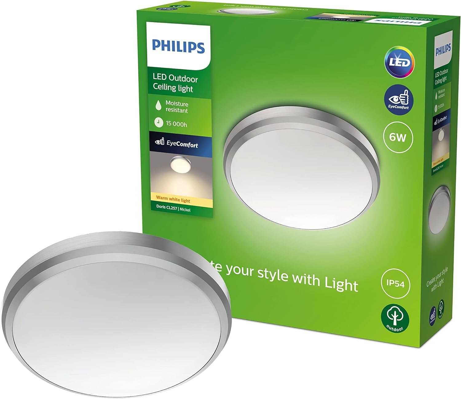 Philips LED Doris Outdoor Ceiling Light 6W [Warm White - Nickel] Water Resistant IP54, for Garden, Patio and Terrace Lighting.