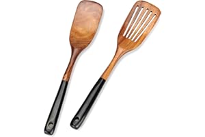 2 Pcs Wooden Spatula Set for Cooking Non Toxic Teak Kitchen Utensils Slotted Pancake Turner Flat Wood Wok Spatulas Bamboo Spo