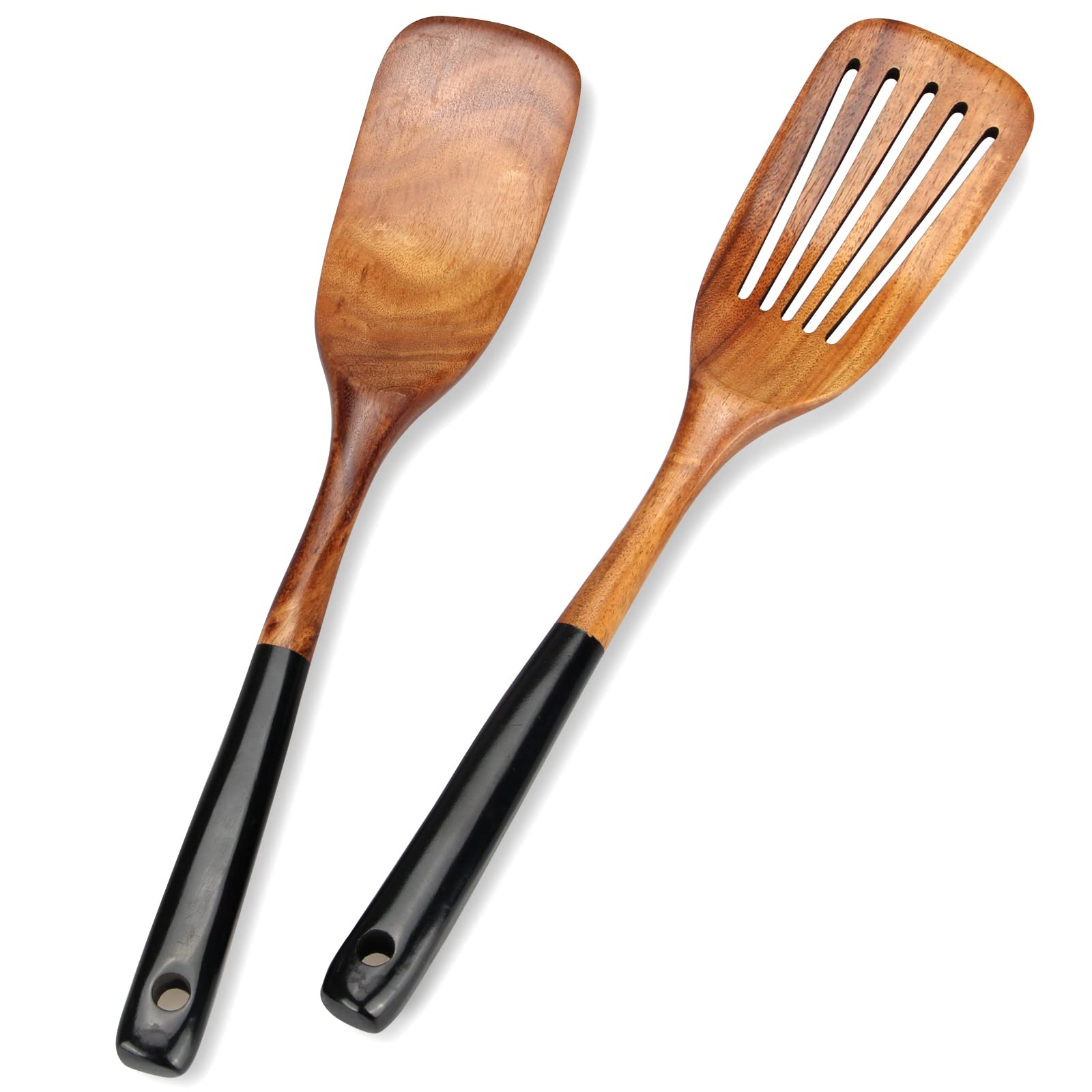 Photo 1 of 2 Pcs Wooden Spatula Set for Cooking Non Toxic Teak Kitchen Utensils Slotted Pancake Turner Flat Wood Wok Spatulas Bamboo Spoon for Cooking Utensil Set Spurtle Scraper Black Fish Egg Flipper Spatula