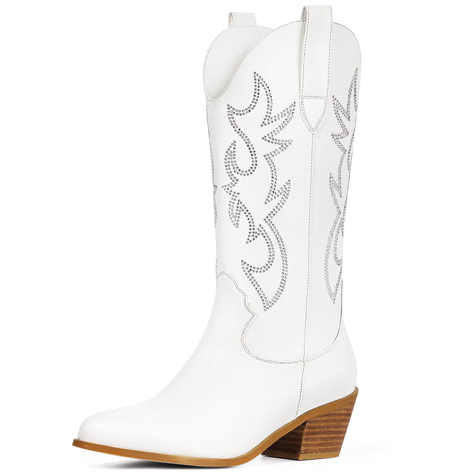 Photo 1 of (METALIC) (SIZE 9) MUCCCUTE Women's Cowboy Western Cowgirl Boots Embroidered Stitching Point-Toe Boot Fashion Retro Block Heel Pull-On Mid-Calf Boots Size 9