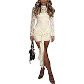 Women's Sexy 2 Piece Lace Dress Set Bodycon Front Tie Wrap Mini Dress Birthday Date Night Outfits with Slip Dress