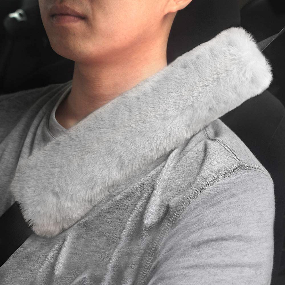 GAMPRO Seat Belt Pads Long 13 inch Faux Rex Rabbit Fur, Soft Comfortable Car Safety Seat Belt Strap Shoulder Pad for Adults and Children 2-Pack(Light Gray)