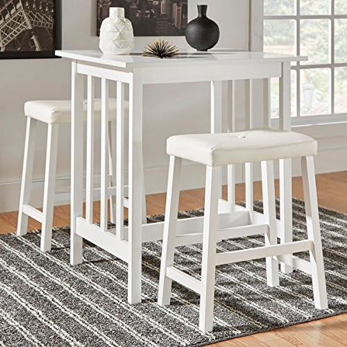 3 Piece Tufted Vinyl Upholstered Saddleback Counter Height Solid Wood Kitchen Dinette Set Includes Our Exclusive Mousepad (White)