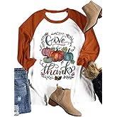 Women Give Thanks Pumpkin Letter Print T-Shirt Thanksgiving Baseball 3/4 Sleeve Top