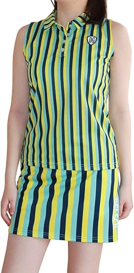 Amazon 7574 Blue L ストライプ柄ノースリーブセットアップ ストライプ ブルー 大きいサイズ L セットアップ スカート デルソル ゴルフ ゴルフウェア レディース スカート 通販