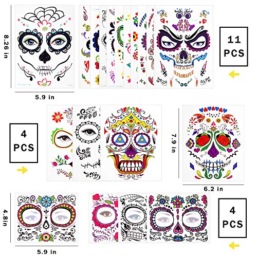 3 otters Halloween Temporary Face Tattoos, 19PCS Sugar Skull Face Tattoos Day of the Dead Temporary Face Tattoos Skeleton Face Stickers for Party Favor Supplies