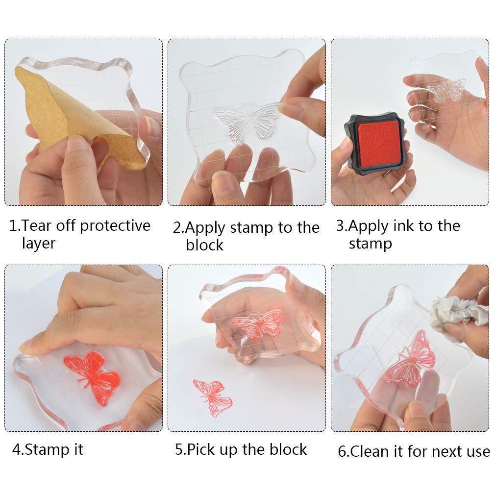 Yolyoo Acrylic Stamp Blocks with Grid Lines Clear Stamping Blocks Set and 1 Sheet Clear Silicone Seal Stamps for for Scrapbooking Crafts Making