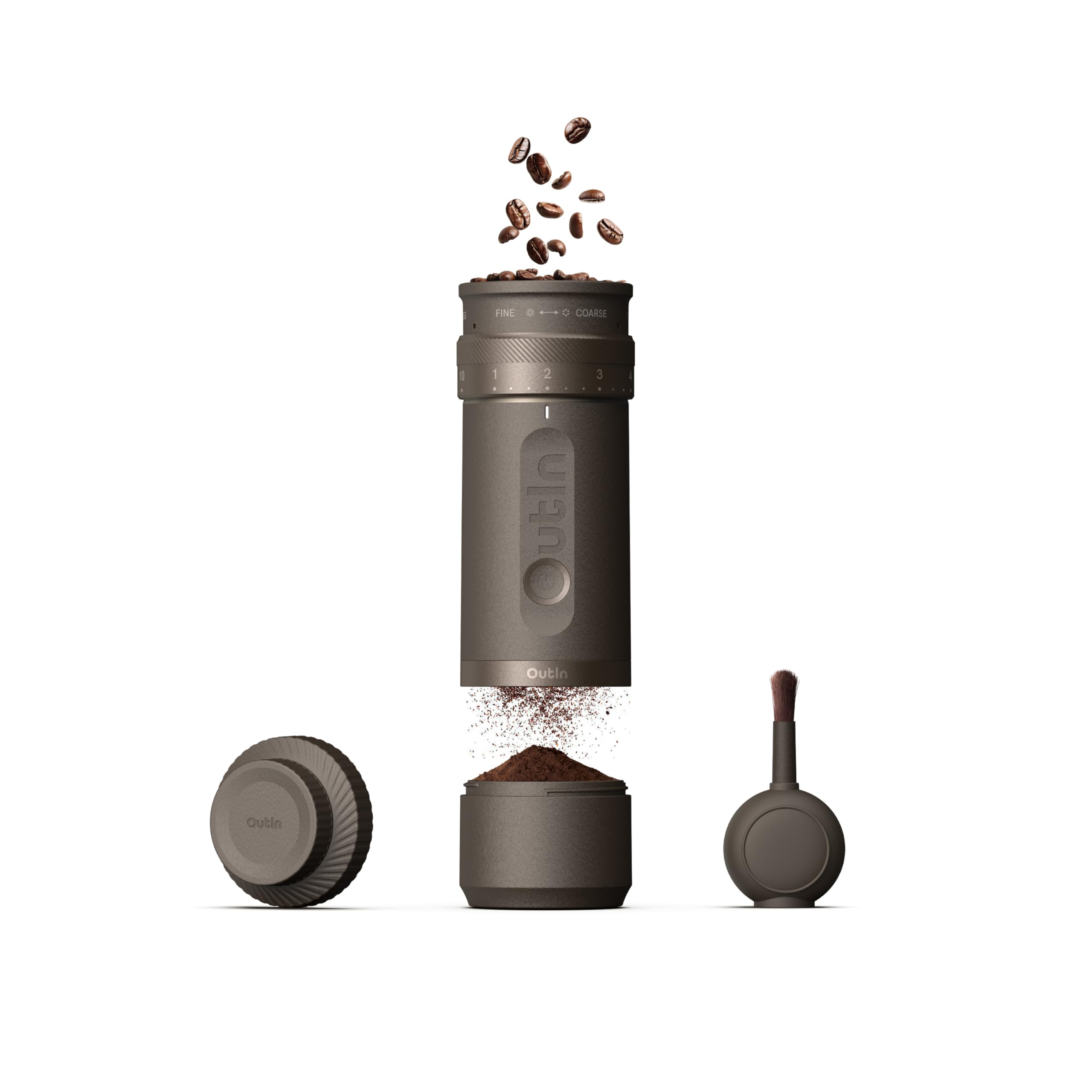 OutIn Fino Tragbare Elektrische Kaffeemühle Kegelmahlwerk - 28 Externe Mahlstufen, 7-Stern-Edelstahlkonus & Ein-Knopf-Bedienung, Kompakte Kaffeemühle Espresso mit Schnellladung, für Reise & Haushalt