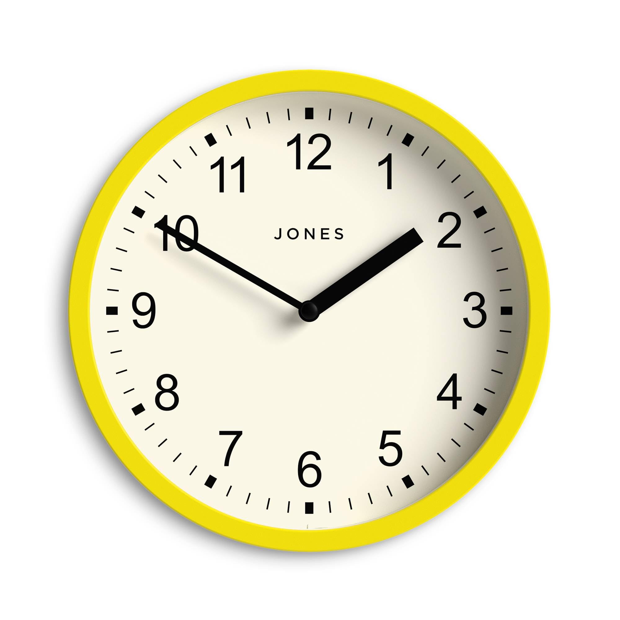 Jones Clocks® Spin wall clock | Small modern round clock | 20cm | Yellow | Easy to read numbers | Ideal for kitchen, office, children’s room or any small space