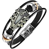 ROJEMXVE Retro Guitar Leather Bracelet for Man Women Unique Bead Braided Handmade Ethnic Tribal Cuff Multi-Layer Cords Wrap Music Shape Punk Rock Jewelry Gifts Wristband