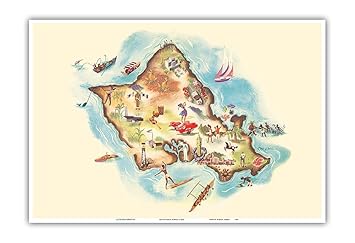 Amazon ハワイオアフ島の地図 ビンテージイラストマップ C 1953