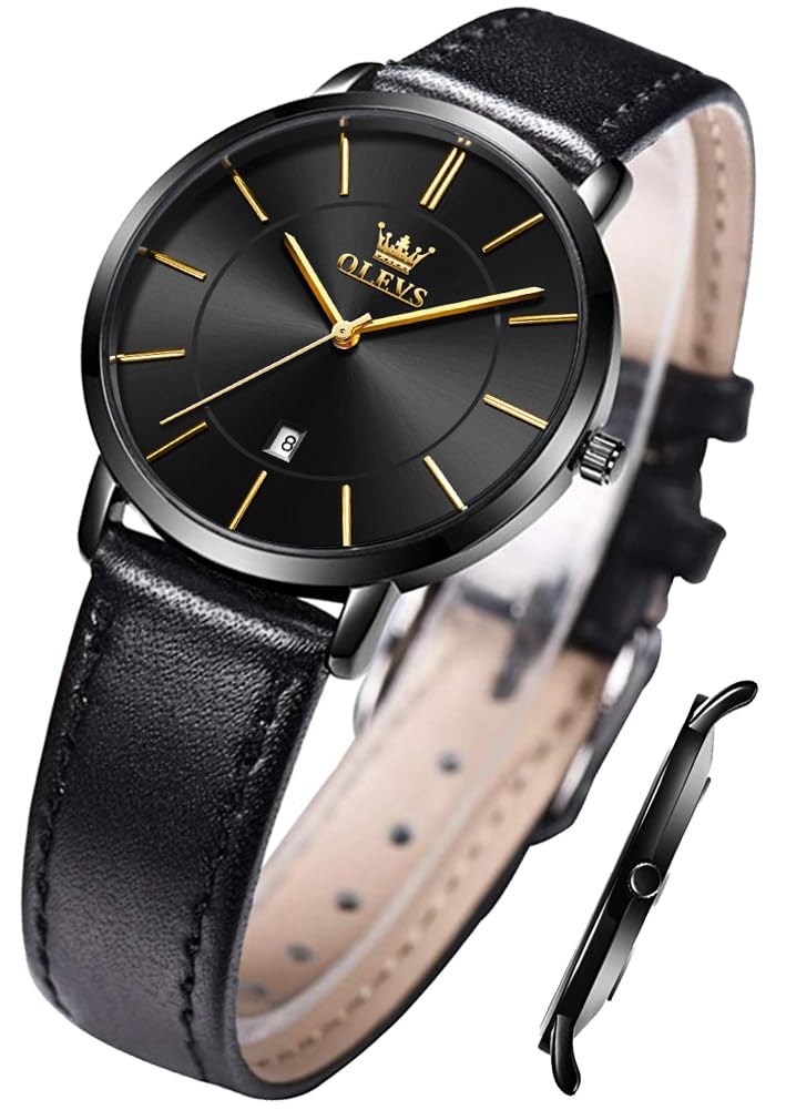 OLEVS Ladies Quartz Watch Minimalist Casual Ultra-Thin Design & Leather Strap & Waterproof & Date Elegant Watch