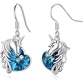 Freesloth Unicorn Earrings 925 Sterling Silver Dangle Earrings Hypoallergenic Drop Blue Crystal Earrings Hanging Unicorn Gifts Jewelry for Women Girls