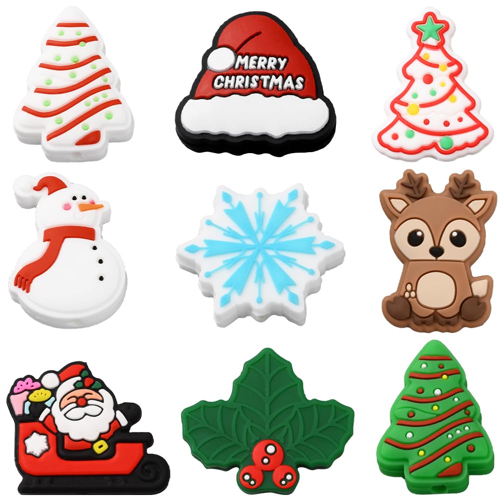SUNNYCLUE 18Pcs 9 Styles Christmas Silicone Bead Holiday Focal Beads Bulk Red Green Soft Rubber Winter Character Xmas Snowman Snowflake Tree Pen Bead for Jewellery Making Keychain Bracelet DIY Crafts