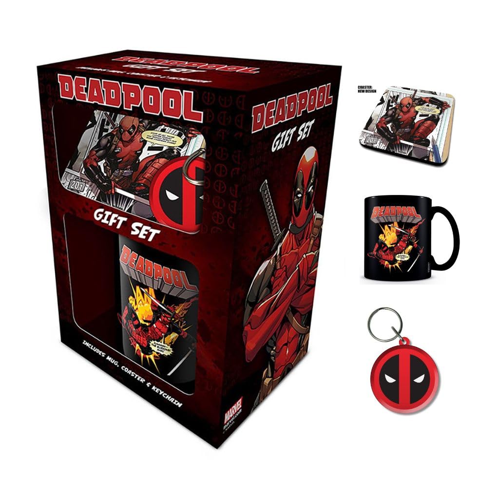 Pyramid International Deadpool (MERC Goals) Gift Set, 11oz/315ml Mug with Coaster and Keychain, Marvel Comics Merchandise, Fun Collectible Drinkware Gift for Fans, One Size