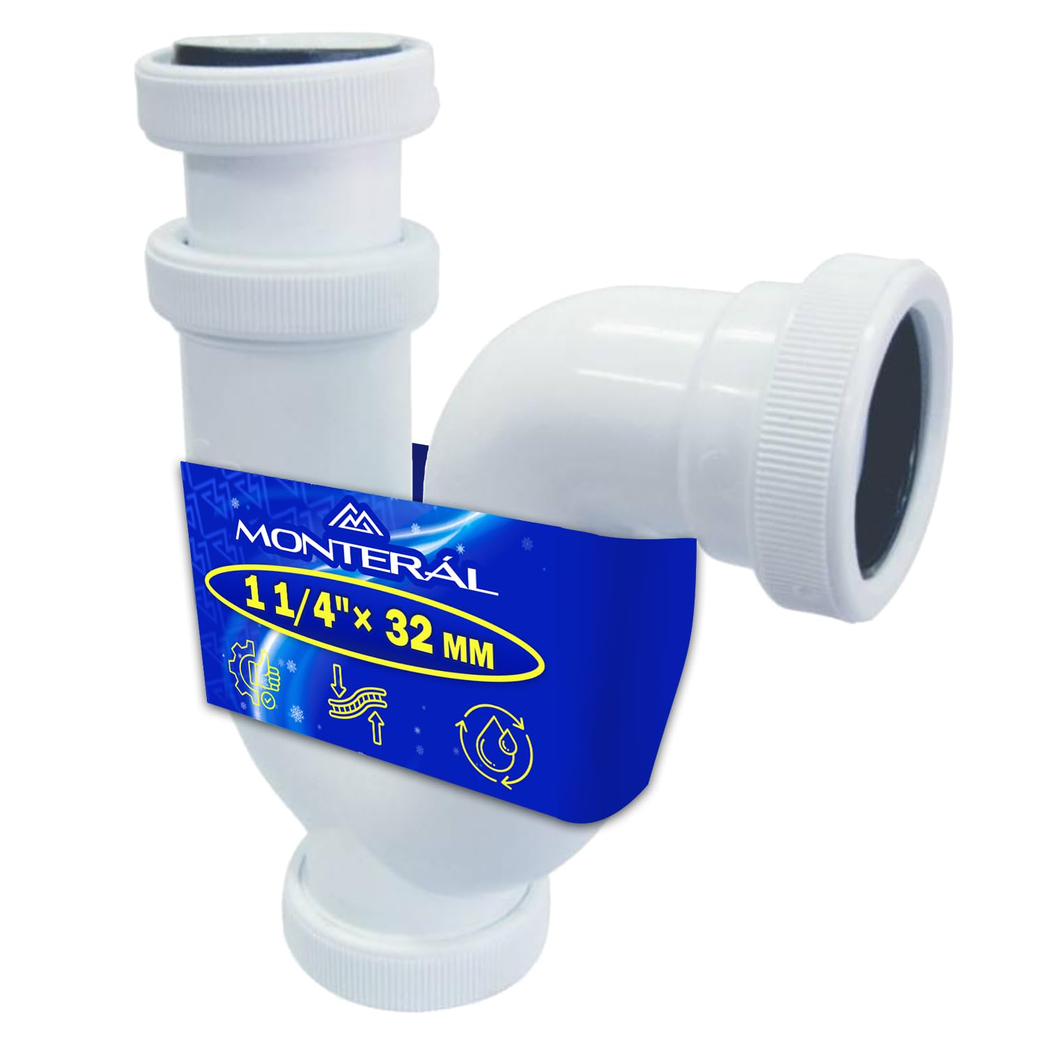 Waste Pipe Trap for Kitchen Sink Bathroom Sink and Bidet Size 1 1/4" x 32 mm Complete with O-Ring - Warranty 10 Years - MONTERAL