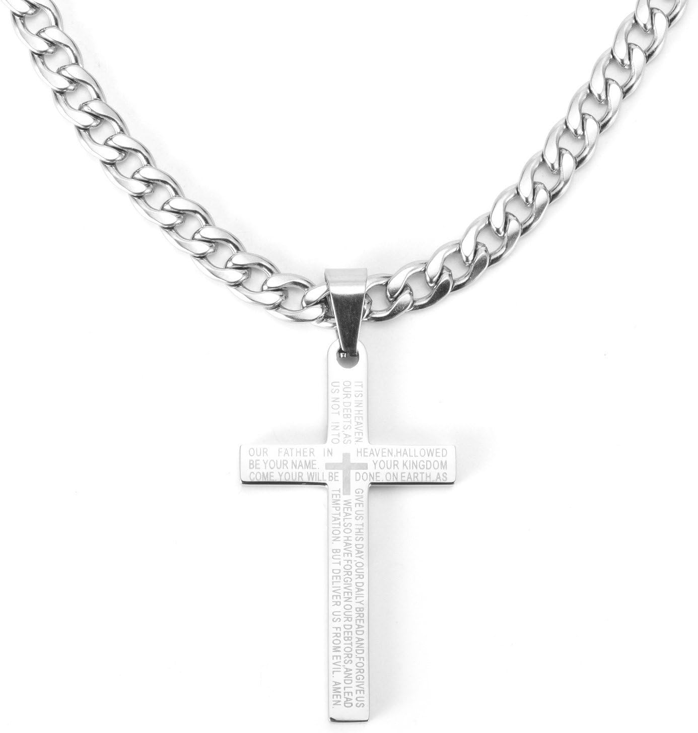 Jewow Jewellery Stainless Steel Men's Boy's Lord's Prayer in English Cross Pendant Necklace