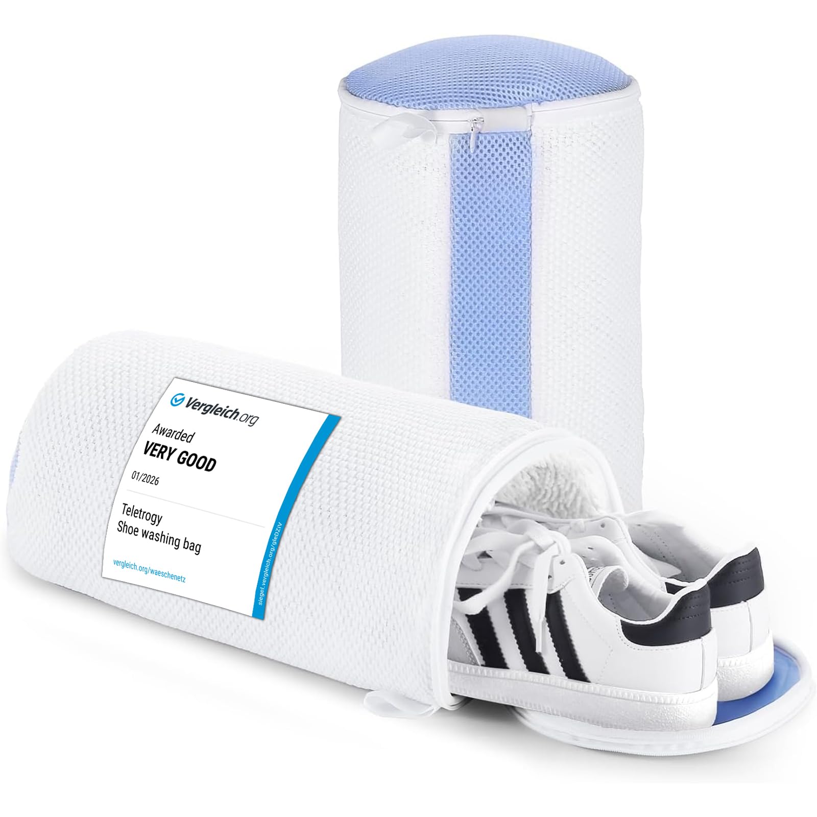 Shoe Washing Machine Bag 2Pcs, Fluffy Fibers Keep 360° Wrap-around Cleaning, Durable Trainer Washing Machine Bag with Hidden Zipper Reusable for Sneakers, Clothing, Dolls, White, Max UK14