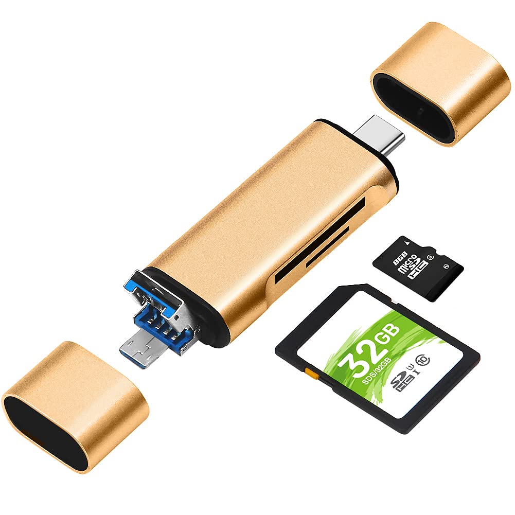 BorlterClamp SD/Micro SD Memory Card Reader with 3 Ports USB C/Micro-USB Adapter for Laptops, Tablets, Smartphones (Gold)