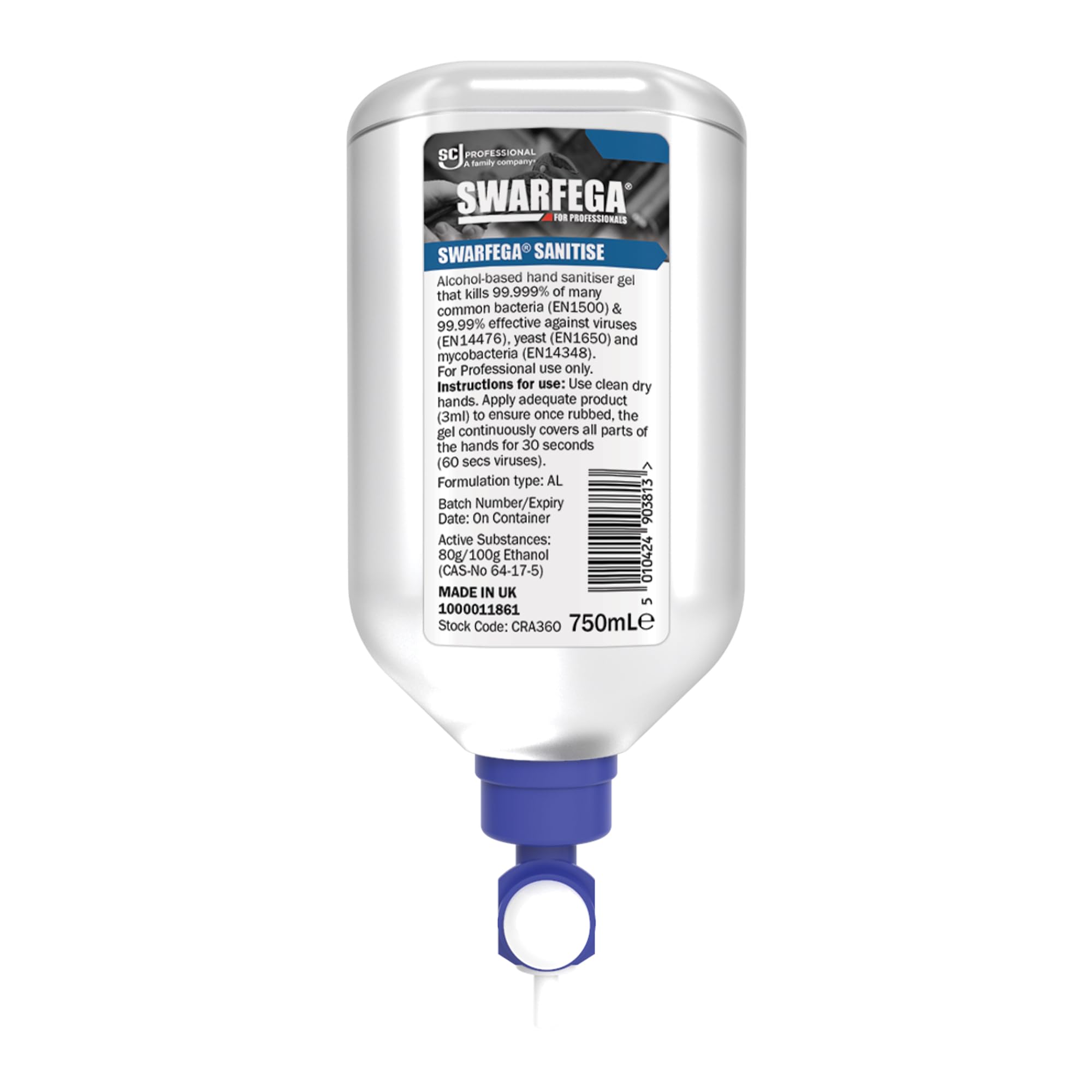 Swarfega Sanitise – Alcohol-Based Instant Hand Sanitiser – Quick Drying – Non-Greasy – Perfume Free – 750ml Cartridge – For Professional Use Only