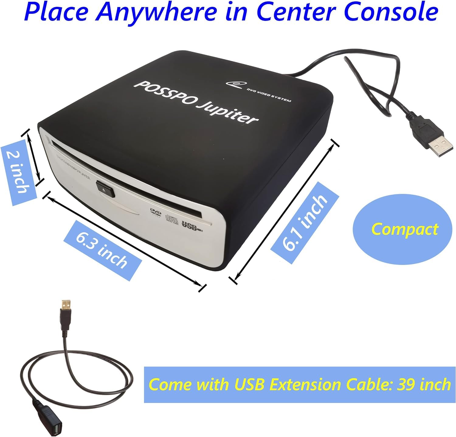 CD DVD Player for Car with USB Port AUX Port, Portable External CD Player That Plugs into Car Laptop Desktop TV Computer, Plug & Play –Upgraded with Extra USB Extension Cable