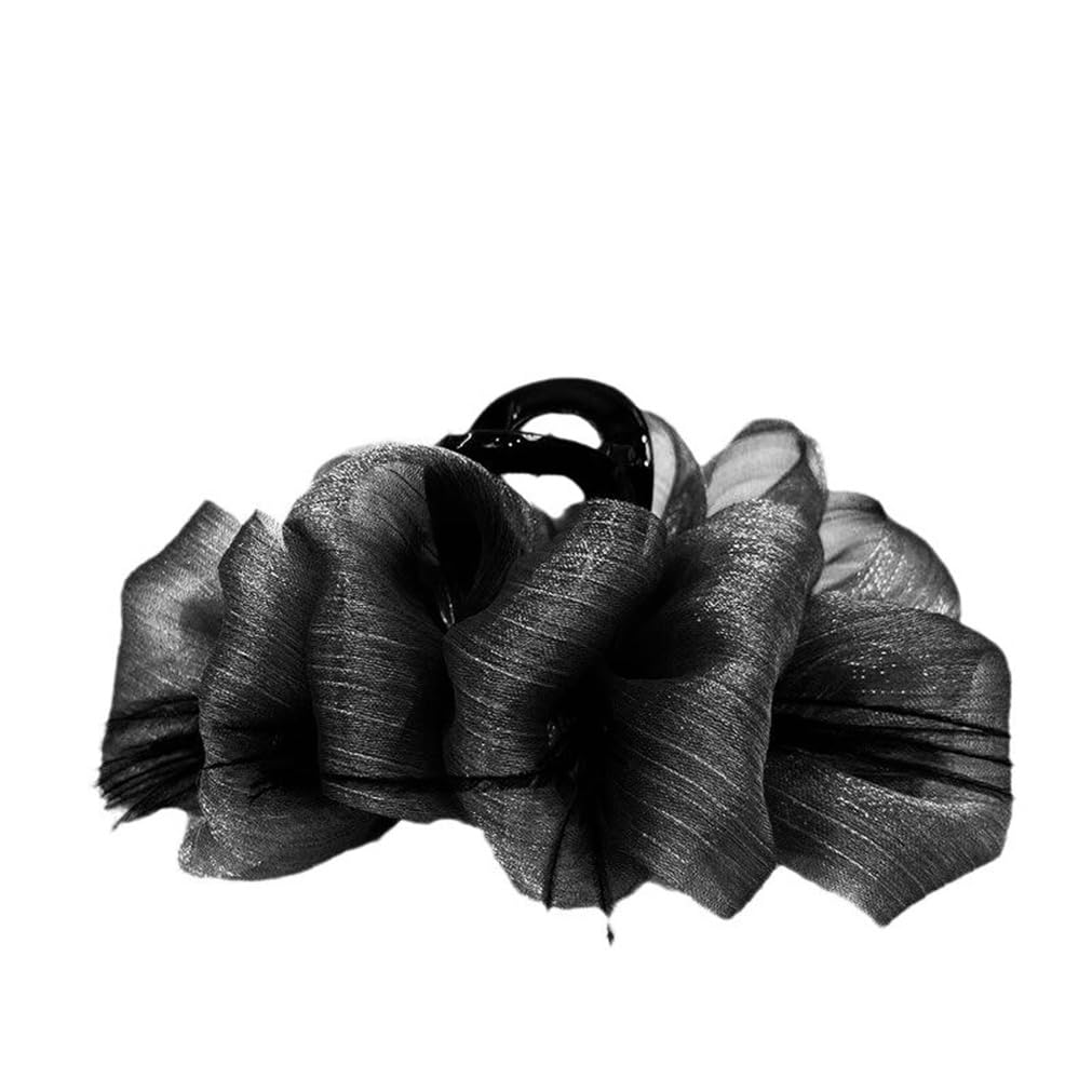 Sweet Cute Pretty Black Tulle Mesh Bowknot Large Non Slip Feather Chiffon Silk Bows Hair Clip Set - Strong Hold Big Mesh Tulle Claw Clip Hair Accessory for Women