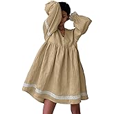 chouyatou Women's Cute Cotton Linen Loose Babydoll Dress Lantern Long Sleeve Lace Trim Mini Dress with Pockets