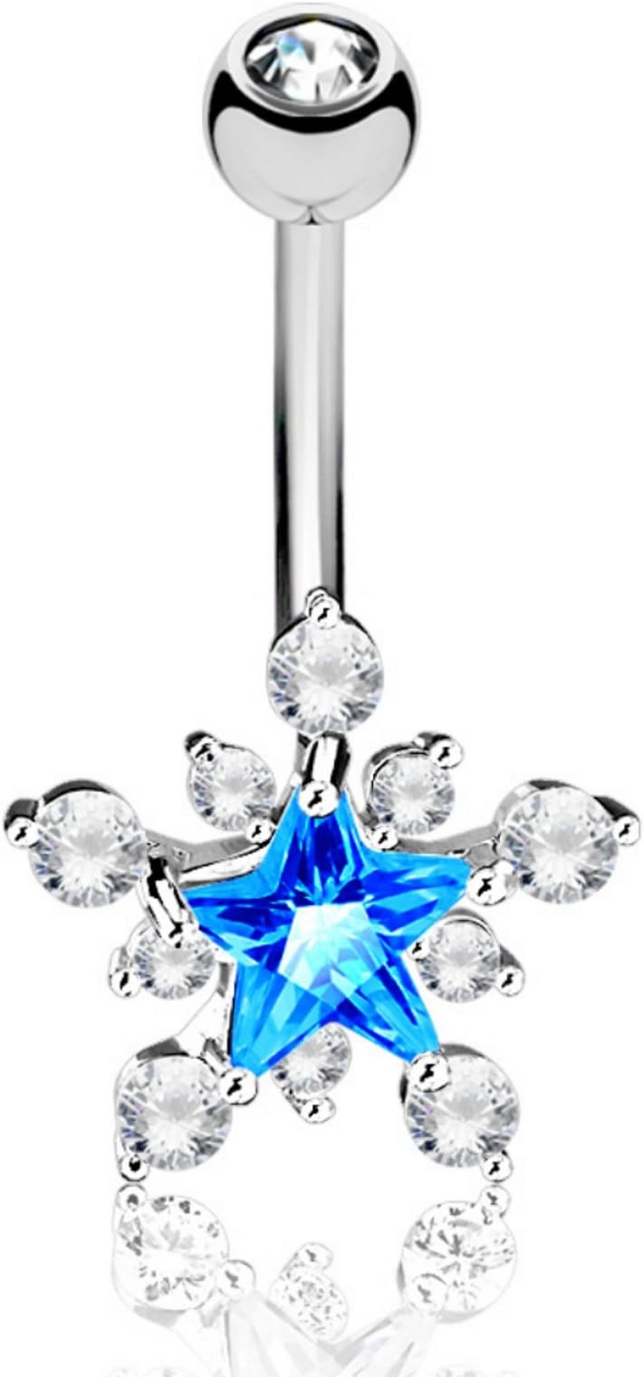 Star Center CZ Cluster Steel Belly Button Navel Ring Non-Dangle 14G 3/8"