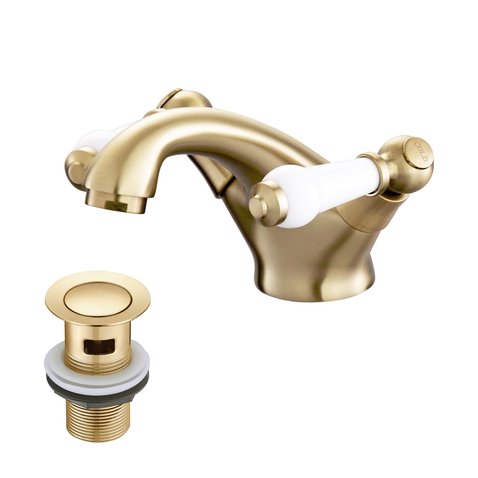 Brushed Gold Victorian Bathroom Sink Tap with Drain Dual Ceramic Lever Brass Bathroom Tap with Pop Up Waste Basin Mixer Tap 032ANBG