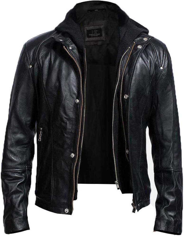 MSR leather Magnido Black Removeable Hooded Leather Jacket Mens Leather Jacket Mens Leather