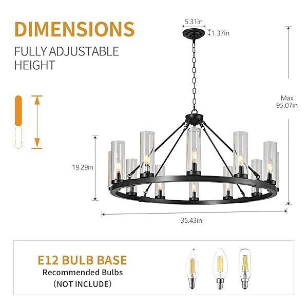ZHLLMQ 12 LIGHT BLACK CHANDELIER WAGON WHEEL CHANDELIER WITH CLEAR GLASS SHADE ROUND INDUSTRIAL PENDANT LIGHTING FIXTURE FOR STAIR LIVING ROOM FOYER KITCHEN