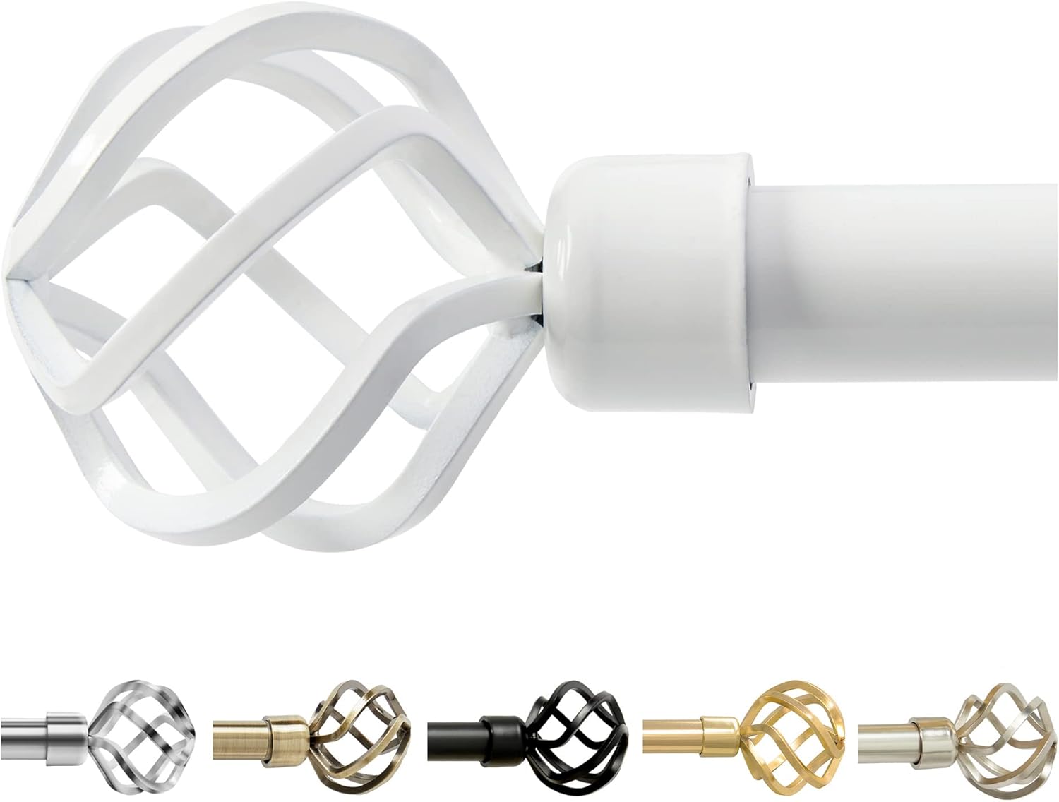 Window Treatment Hardware - Adjustable White Curtain Rod Window 48 To 84 Inch (4-7 Feet), Telescopic Single Drapery Rods With Stylish Twisted Cage Finials, Premium Living Room Curtain Rod Windows, Sturdy and Heavy Duty