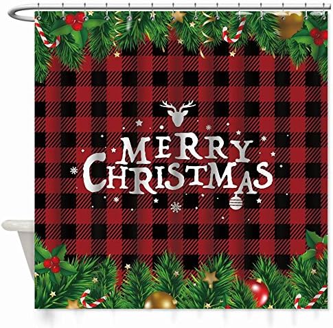 SOSHU Unique Christmas Tree Branches and Red Berries Tartan Checkered Plaid Polyester Fabric Shower Curtains Bath Decorations Bathroom Decor Sets with Hooks Extra Long 72x72 Inches