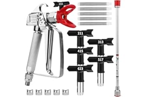 EVERY FAMILY 3600 PSI High Airless Paint Sprayer Gun with Nozzle Guard and with 5 Spray Nozzle Tips and 5 Airless Paint Sprayer Gun Filters and 16Inch(40CM) Spray Painted Extension Pole (211, 313, 415, 517, 623)
