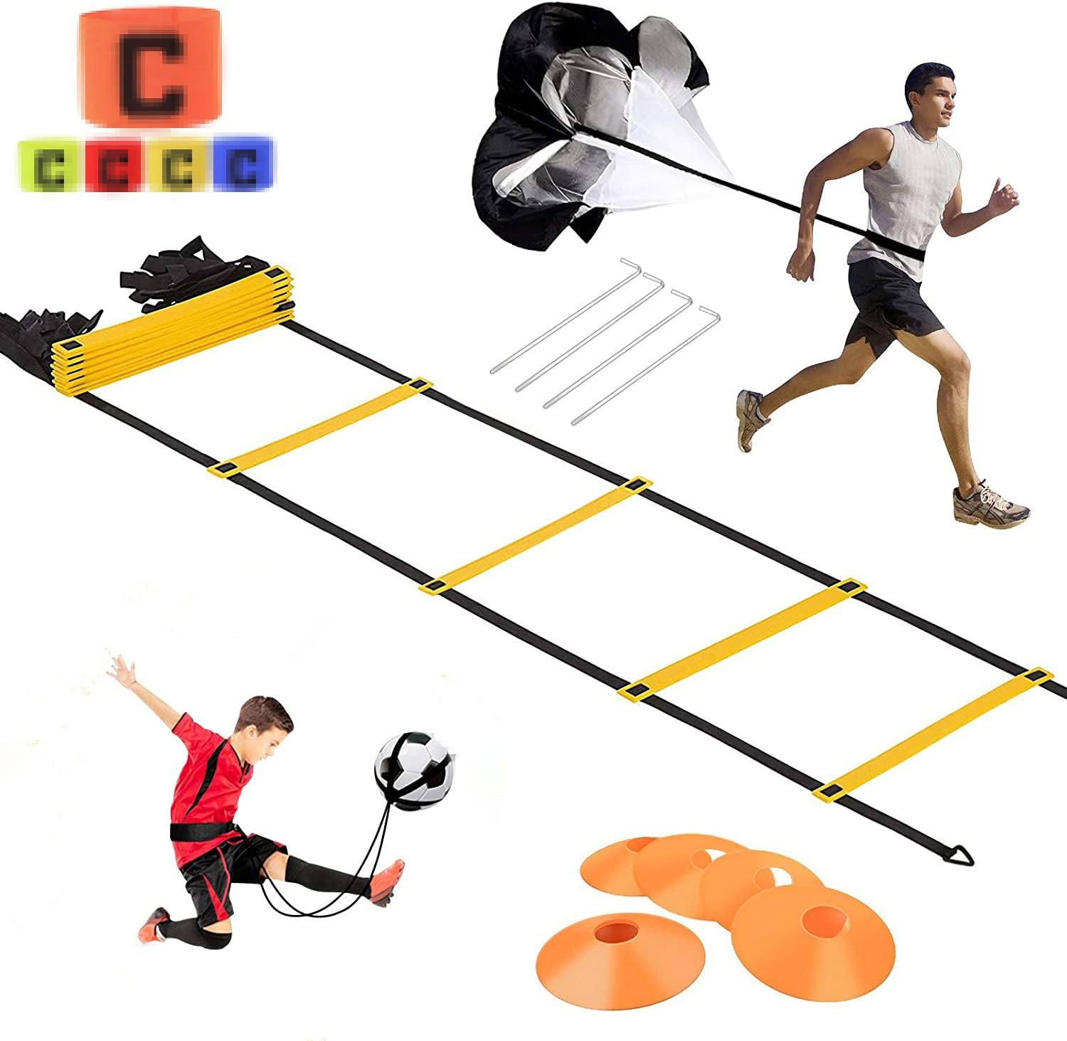 airtrack matte football Speed & Agility Training Set,Premium Agility Ladder and Cones,Resistance Running Parachute,Sports Cones,Metal Pegs & Carrying Bag,training belt,Sports armband (Multicolor set)