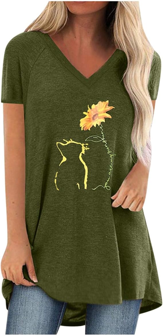 Amazon Co Jp Tシャツ レディース 半袖 Chenyoulan ロング トップス カットソー 猫プリント ｖネック 夏服 Aライン カジュアル ワンピース チュニック かわいい シンプル ゆったり シャツ オーバーサイズ ベーシック 春 夏 通学通勤 服 ファッション小物