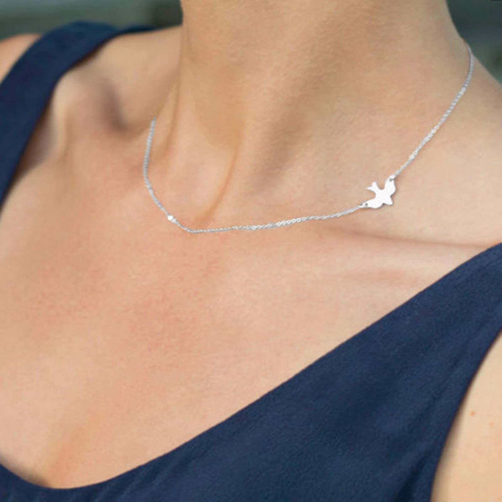 TseenYi Sidesway Dove Choker Necklace Tiny Silver Bird Dove Necklace Chain Sparrow Cute Necklaces Jewelry for Women and Girls (Silver)